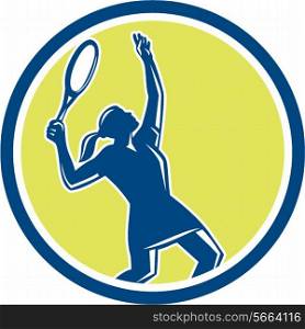 Illustration of a female tennis player holding racquet serving set inside circle shape on isolated background done in retro style. . Tennis Player Female Racquet Circle Retro