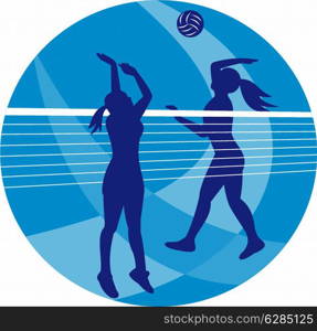 Illustration of a female volleyball player spiking hitting ball with other player blocking on isolated background.&#xA;