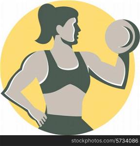Illustration of a female woman lifting dumbbell weight crossfit training viewed from the side set inside circle done in retro style on isolated background.. Female Lifting Dumbbell Circle Retro