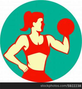 Illustration of a female woman lifting dumbbell weight training fitness viewed from the side set inside circle done in retro style on isolated background,