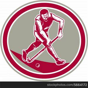Illustration of a field hockey player running with stick striking ball set inside oval shape done in retro woodcut style on isolated background.. Field Hockey Player Running With Stick Retro