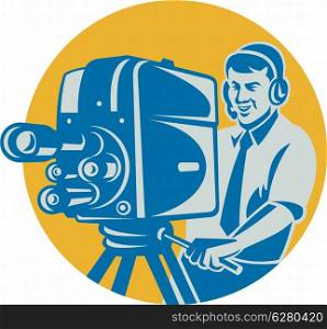 Illustration of a film crew television cameraman shooting with movie camera done in retro style set inside circle.. Film Crew TV Cameraman With Movie Camera Retro