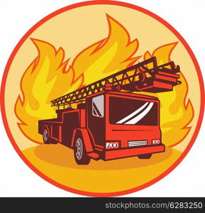 illustration of a Fire truck or engine with flames in background set inside a circle.. Fire truck or engine appliance with flames