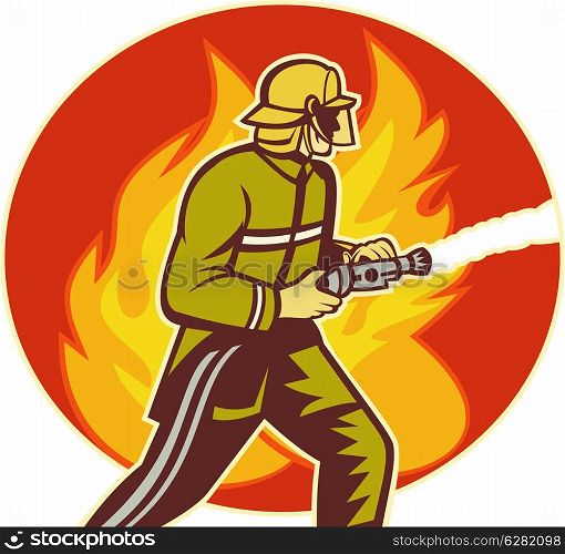 illustration of a Firefighter fireman with water hose fighting fire viewed from the side with flames in background.. Firefighter fireman with water hose fighting fire