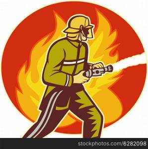 illustration of a Firefighter fireman with water hose fighting fire viewed from the side with flames in background.. Firefighter fireman with water hose fighting fire