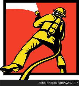 illustration of a Firefighter or fireman aiming a fire hose viewed from rear in retro style. Firefighter or fireman aiming a fire hose