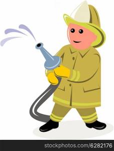 illustration of a fireman fire fighter done in cartoon style isolated on white holding a fire water hose. fireman fire fighter