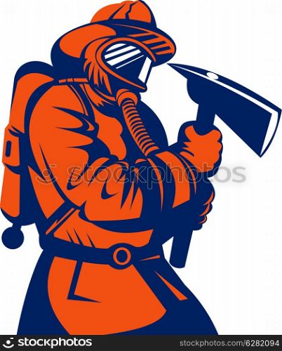 illustration of a fireman fire fighter done in retro style holding an ax isolated on white. fireman fire fighter holding an ax