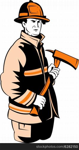 illustration of a fireman fire fighter done in retro style holding an ax isolated on white. fireman fire fighter holding an ax