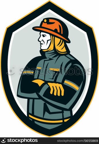 Illustration of a fireman fire fighter emergency worker arms folded looking to the side set inside shield crest on isolated background done in retro style.. Fireman Firefighter Arms Folded Shield Retro