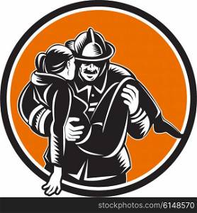Illustration of a fireman fire fighter emergency worker carrying saving girl running viewed from front set inside circle done in retro woodcut style. . Fireman Firefighter Saving Girl Circle Woodcut