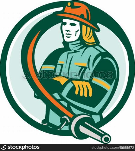 Illustration of a fireman fire fighter emergency worker folding arms with fire hose set inside circle on isolated background done in retro style.. Fireman Firefighter Folding Arms Circle Retro