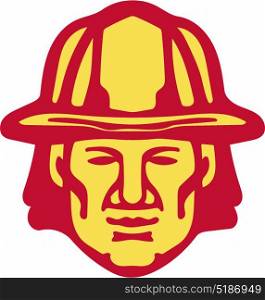 Illustration of a fireman fire fighter emergency worker head wearing hardhat viewed from front set on isolated white background done in retro style.. Fireman Head Front Retro