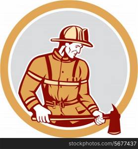 Illustration of a fireman fire fighter emergency worker holding a fire axe looking to the side set inside circle on isolated background done in retro style.. Fireman Firefighter Holding Fire Axe Circle