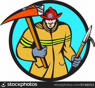 Illustration of a fireman fire fighter emergency worker holding a fire axe and hook viewed from front set inside circle on isolated background done in retro style.. Fireman Firefighter Fire Axe Hook Circle Retro