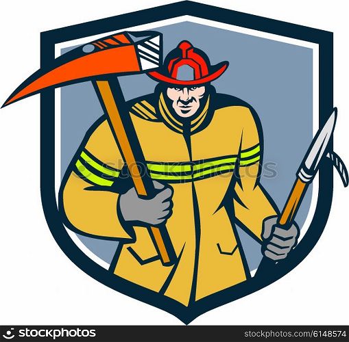 Illustration of a fireman fire fighter emergency worker holding a fire axe and hook viewed from front set inside shield crest on isolated background done in retro style.. Fireman Firefighter Fire Axe Hook Crest Retro