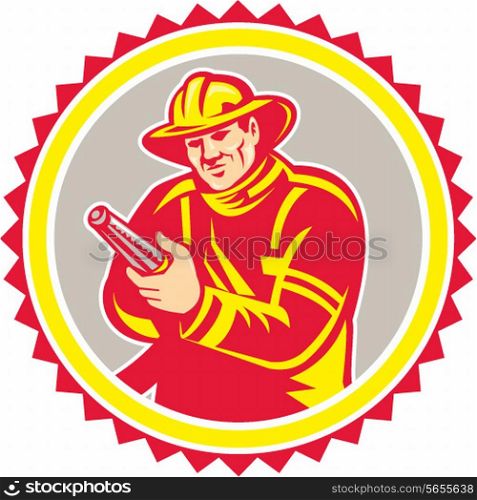 Illustration of a fireman fire fighter emergency worker holding aiming fire hose viewed from front set inside rosette shape on isolated background done in retro style.. Fireman Firefighter Aiming Fire Hose Rosette