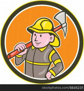 Illustration of a fireman fire fighter emergency worker holding axe on shoulder set inside circle on isolated background done in retro style.. Fireman Firefighter Axe Circle Cartoon