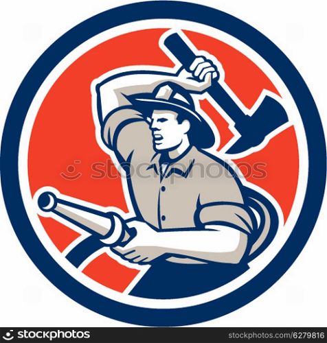 Illustration of a fireman fire fighter emergency worker holding fire hose and fire axe inside circle done in retro style.. Fireman Firefighter Holding Hose Axe Circle Retro