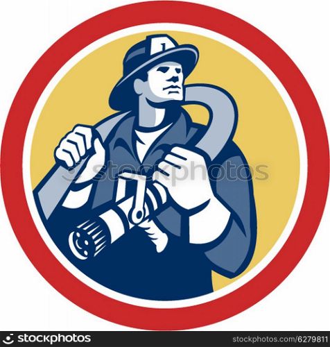 Illustration of a fireman fire fighter emergency worker holding fire hose over his shoulder viewed from front set inside circle done in retro style.. Fireman Firefighter Holding Fire Hose Retro