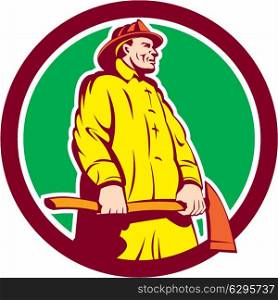 Illustration of a fireman fire fighter emergency worker standing holding axe viewed from low angle set inside circle on isolated background done in retro style. . Fireman Firefighter Standing Axe Circle Retro