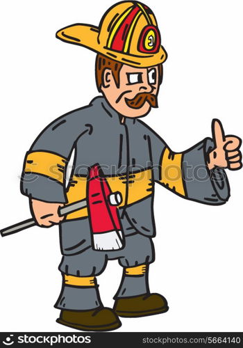 Illustration of a fireman fire fighter emergency worker thumbs up holding axe facing to the side set on isolated white background done in cartoon style. . Fireman Firefighter Axe Thumbs Up Cartoon