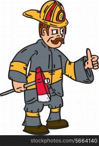 Illustration of a fireman fire fighter emergency worker thumbs up holding axe facing to the side set on isolated white background done in cartoon style. . Fireman Firefighter Axe Thumbs Up Cartoon
