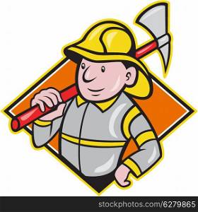 illustration of a fireman fire fighter emergency worker with fire ax done in cartoon style set inside diamond shape.