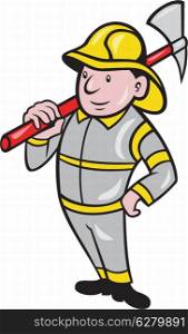 illustration of a fireman fire fighter emergency worker with fire ax done in cartoon style standing on isolated white background.