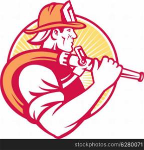 Illustration of a fireman fire fighter emergency worker with fire hose done in retro style.. Fireman Firefighter Emergency Worker
