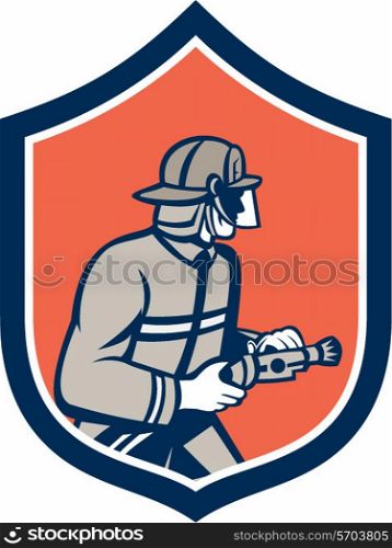 Illustration of a fireman fire fighter emergency worker with fire hose facing side set inside shield crest on isolated background done in retro style.. Fireman Firefighter Fire Hose Circle Retro