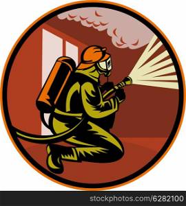 illustration of a Fireman firefighter kneeling with fire hose fighting fire and smoke set inside circle. Fireman firefighter kneeling with fire hose
