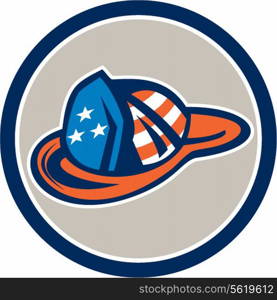 Illustration of a fireman hat helmet with usa stars and stripes design set inside circle on isolated white background done in retro style.. Fireman Hat Helmet USA Stars and Stripes Retro