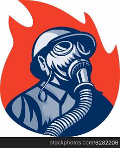 illustration of a Fireman or firefighter wearing vintage gas mask set inside a flame or fire. Fireman or firefighter wearing vintage gas mask