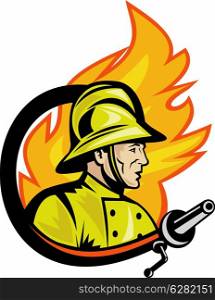 illustration of a Fireman or firefighter with fire hose and fire in the background.. Fireman or firefighter with fire hose