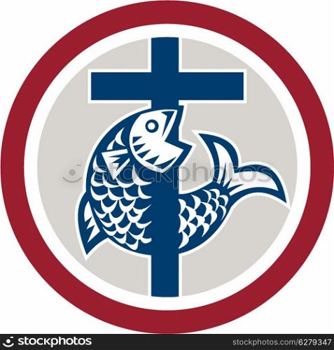 Illustration of a fish on a cross representing a Christian religion symbol icon set inside circle on isolated background.. Fish on Cross Circle