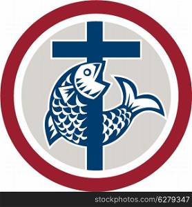 Illustration of a fish on a cross representing a Christian religion symbol icon set inside circle on isolated background.. Fish on Cross Circle