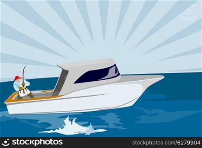 Illustration of a fisherman casting rod and reel on boat done in retro style