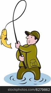illustration of a fisherman fishing reeling in fish done in cartoon style on isolated white background.. fisherman fly fishing reeling fish