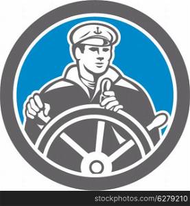 Illustration of a fisherman sea captain at the wheel helm facing front set inside circle done in retro style.. Fisherman Sea Captain Circle Retro