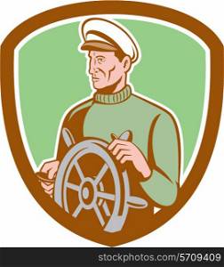 Illustration of a fisherman sea captain at the wheel helm looking to the side set inside circle on isolated background done in retro style.. Fisherman Sea Captain Wheel Shield Retro
