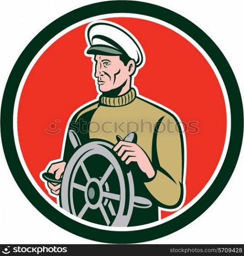Illustration of a fisherman sea captain at the wheel helm looking to the side set inside circle on isolated background done in retro style.. Fisherman Sea Captain Wheel Circle Retro