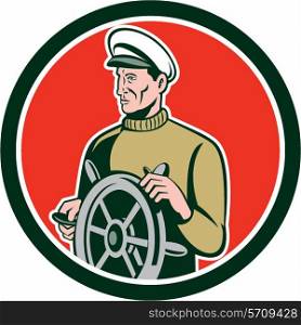Illustration of a fisherman sea captain at the wheel helm looking to the side set inside circle on isolated background done in retro style.. Fisherman Sea Captain Wheel Circle Retro