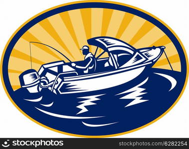 illustration of a fisherman with fishing rod on boat set inside an ellipse. fisherman with fishing rod on boat