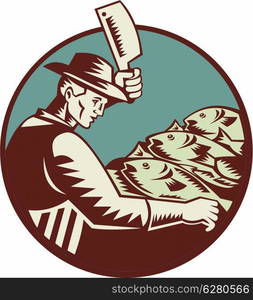 Illustration of a fishmonger butcher with meat cleaver knife chopping fish viewed from side set inside circle done in retro woodcut style.. Fishmonger Butcher Knife and Fish