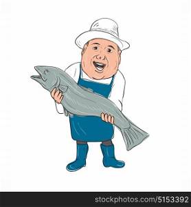 Illustration of a Fishmonger Presenting selling Fish front view done in hand drawing Cartoon style.. Fishmonger Presenting Fish Cartoon