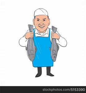 Illustration of a Fishmonger smiling Holding Selling Fish front view done in hand sketch drawing Cartoon style.. Fishmonger Holding Selling Fish Cartoon