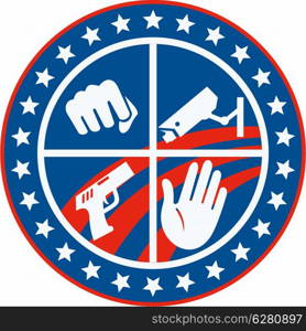 Illustration of a fist punching cctv surveillance security camera pistol gun and hand set inside circle with stars and stripes done in retro style.