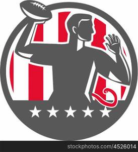 Illustration of a flag football player QB passing ball viewed from the side set inside circle with stars and stripes in the background done in retro style. . Flag Football QB Player Passing Ball Circle Retro