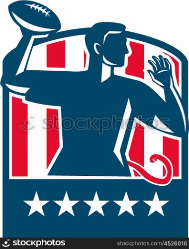 Illustration of a flag football player QB passing ball viewed from the side set inside shield crest with usa american stars and stripes flag in the background done in retro style. . Flag Football QB Player Passing Ball USA Flag Crest Retro